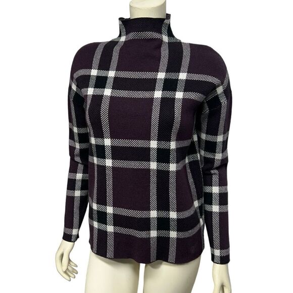 Max Studio Burgundy Turtleneck Sweater Fall Winter Purple Windowpane Plaid Cute - Picture 2 of 7